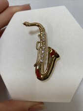 Saxophone SAX Brooch Gold Tone Diamante Cubic Zirconia 5cm Height