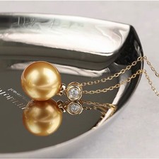 Gorgeous AAA 11-10mm Round South Sea Golden Pearl Pendant Necklace  925s...