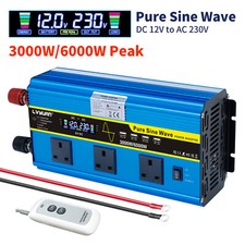 3000W 6000W Pure Sine Wave Power Inverter 12V to 240V 4USB 3AC Remote Control