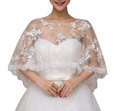 UK BRIDAL WEDDING CAPE LACE SHRUGS SHAWL CAPE Tulle Bolero EMBROIDERED WRAPS
