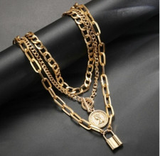 Zara 18k gold plated new chunky big   necklace 4 layers toggle, coin lock detail