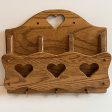 Vtg Letter Holder Wall Mount Mail Sorter Key Rack Wood Heart Cutouts Farmhouse
