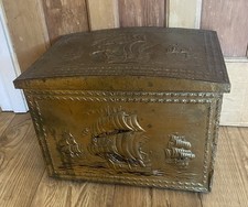 Vintage Brass Coal Scuttle Fireside Storage Box Treasure Chest