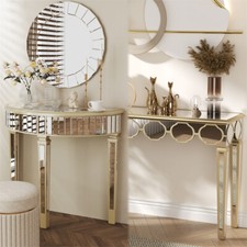 Antique Gold Oblong Half-Moon Console Table with Mirrored Top - Elegant Entryway