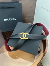 New CHANEL Belt Gold/Silver Logo Black/Red Reversible Calfskin Leather Belt 3.0C