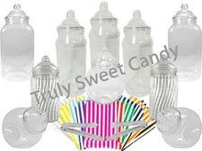10 Assorted Plastic Sweet Jars 2 Tongs 50 Bags TWO STYLES OF LID Candy Buffet