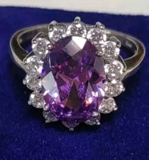 Vintage Sterling Silver Oval Faceted Halo Purple Amethyst Cubic Zirconia Ring 10