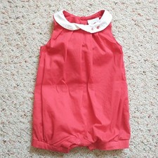 Jacadi Paris Romper Overall Infant Girls 1M Red Snap Cotton Collar Embroidered