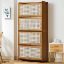 140cm Tall Cabinet Storage Cupboard Living Room Sideboard Unit with Rattan Doors