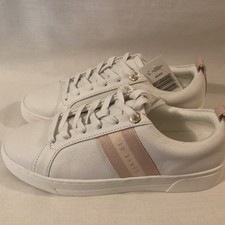 Ted Baker Ladies Leather Trainers in White Pink Stripe Size Uk 3 NEW 