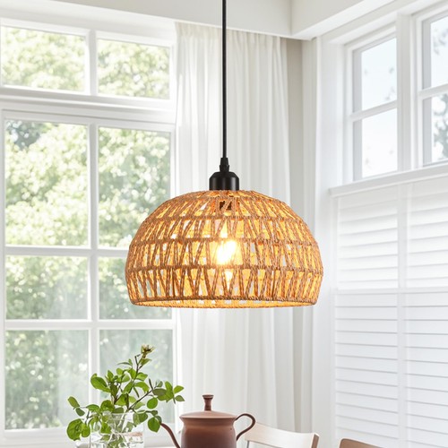 Rattan pendant light boho - light,, 11"