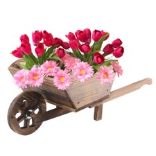 GARDEN MODERN WOODEN WHEEL BARROW PLANTER BURNT WOOD FLOWER CART ORNAMENTAL POT