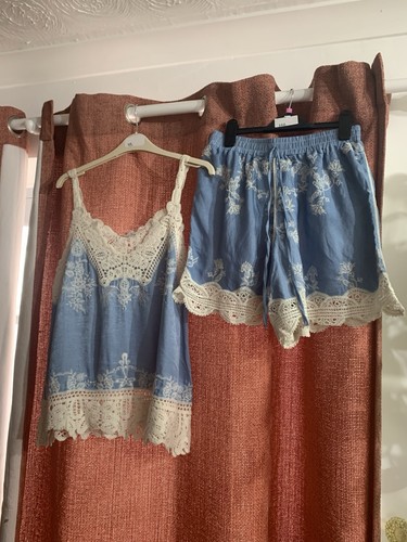 Cotton short set with crochet - cotton,