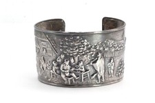 Antique Hans Jensen Danish Silver Plate Repousse´ Embossed Scene Cuff Bracelet