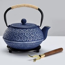 0.9L Stovetop Tetsubin Teapot Japanese Style Cast Iron Kettle Blue with Infuser