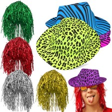 Set Of 4 Neon Party Hats With Tinsel Wigs For Fancy Dress Event