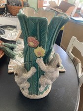 HUGE 12 1/2" Palissy MAJOLICA Vase w/ Applied Frog Flower Portugal ? Table Green