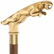 Antique Brass Jaguar Designer Chrome Head Handle Wood Walking Stick Cane Gift