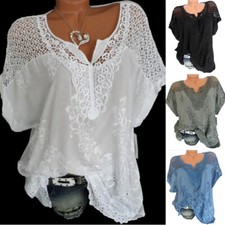 T-Shirt Tops Blouse Batwing Ladies Short Womens Hollow Baggy Casual Sleeve Lace