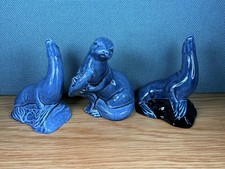 Poole Pottery Blue Glazed Hollow cast 2x Seals ( Blue/ Black)  & Otter In Blue