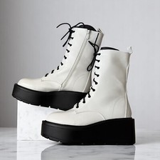 Women's White Combat Chunky Sole Military Army Shoes Lace Up Ankle Calf Boots