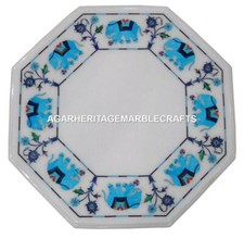 White Marble Coffee Table Turquoise Elephant Inlaid Arts Marquetry Decor H1397