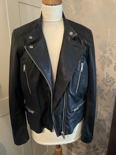 Ladies black leather biker - black,