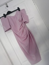 Light pink off shoulder fitted midi dress with puff sleeves. Size 6, petite, 