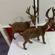 Set of 2 VTG Flocked Spotted Deer Buck Figures Brown Felt Holiday Decor 11" Tall