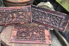 Antique lot of Chinese high relief painted red gilt wood panel furniture plaques