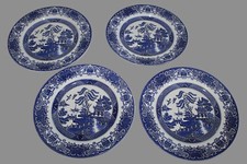 4 VINTAGE ENGLISH IRONSTONE TABLEWARE OLD WILLOW BLUE & WHITE 9.75 INCH PLATES