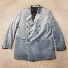 Zara Mens Jacket 44 Blue Double Breasted Blazer Velvet Tuxedo Smoking Satin