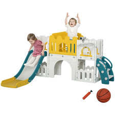 AIYAPLAY 7-in-1 Toddler Slide with Basketball Hoop, for 1-3 Years, Yellow