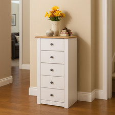 Narrow Chest of Drawers Tallboy 5 Drawer White Pine Slim Bedroom Hallway Storage