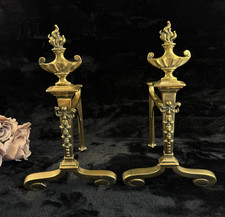 Antique Brass Fireplace Andirons Firedogs Pair - Georgian Neoclassical Style