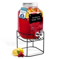 HEFTMAN Glass Drink Dispenser Jar with Metal Stand Cocktail Juice Leakproof 4L