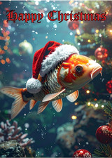 KOI CARP CHRISTMAS CARD WITH A KOI FISH WEARING A CHRISTMAS HAT