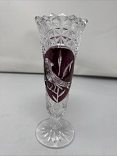 HOFBAUER 8.5” Red Byrdes Collection Cut Lead Crystal Glass Bud Vase MCM
