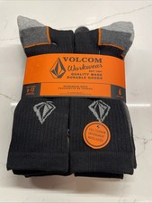 New Volcom 6 Pack Workwear Active Full Cush Ribbed Crew Cut Logo Socks Black