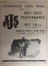 A.J.S MOTORCYCLES COTSWOLD CUP ORIGINAL 1952 B/W ADVERTISEMENT 23cm x 13cm