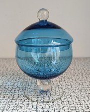 60s 70s Vintage Retro Empoli Blue Glass Lidded Bon Bon Candy Jar Italy MCM