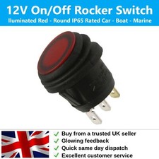 12V Rocker Switch On/Off Round Waterproof (IP65) Car Boat Marine Illuminated Red