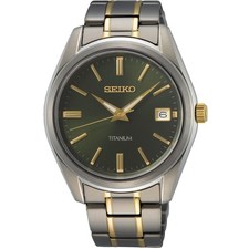 Seiko Titanium Green Dial Two-Tone Strap Men's Quartz Dress Watch SUR377P1