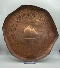 12" STAMPED NEWLYN ARTS & CRAFTS COPPER REPOUSEE  TRAY CORNISH LUGGER