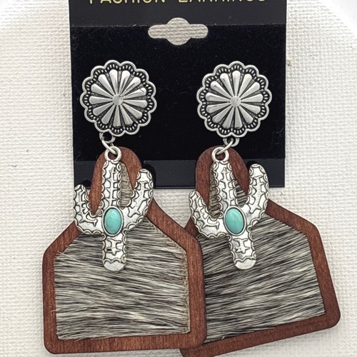 Drop earrings wood cowhide - earrings,