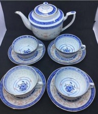 Vintage Chinese Blue And White Flower and Rice Pattern Tea/Coffee Cup set 