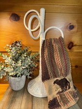 Vintage White Wicker Countertop Towel Stand Holder 3 Rings Boho Cottagecore 17"