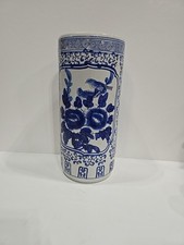 Vintage Chinoiserie Blue & White Porcelain Umbrella Stand Floor Vase Bird Floral