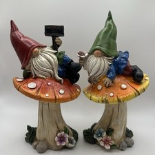 Two Garden Gnomes Sitting On Mushroom Garden Ornament Statue Decoration Resin