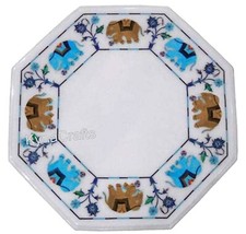Elephant Design Inlay Work Coffee Table Top Octagon Marble Side Table for Garden